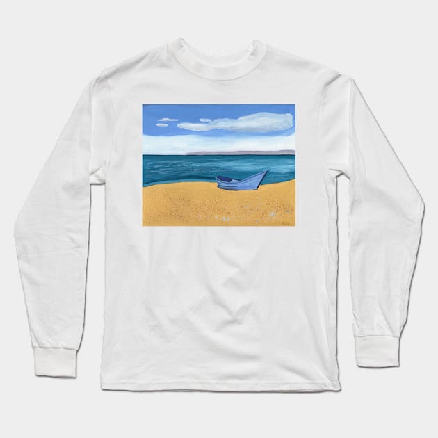 Blue Boat by the Ocean Gouache Painting Long Sleeve T-Shirt by Sandraartist